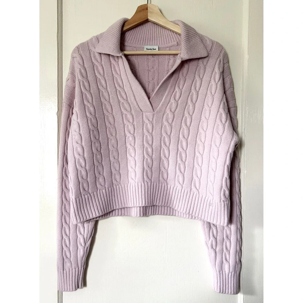 Aritzia Merino Wool Lottie Relaxed Polo Sweater Strawberry Puff Pink M Coquette - Picture 3 of 8